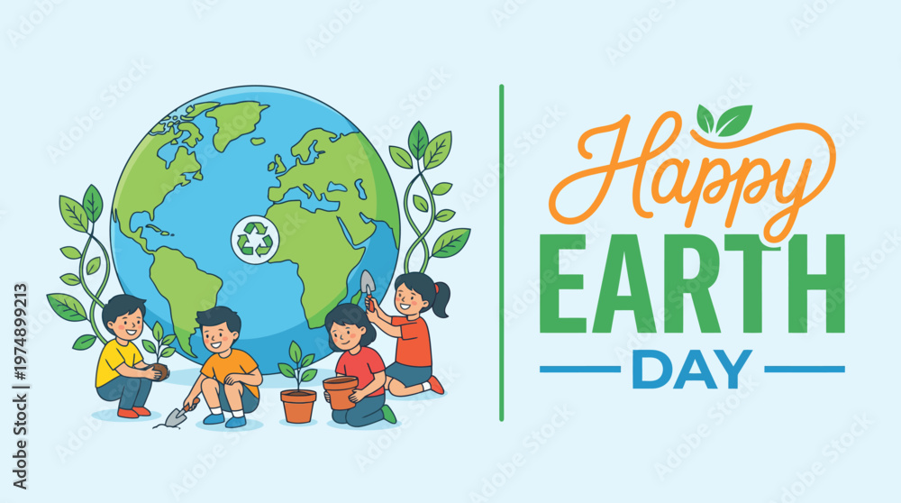 Fototapeta premium Children celebrate Earth Day by planting trees around a globe, with a cheerful Happy Earth Day banner.