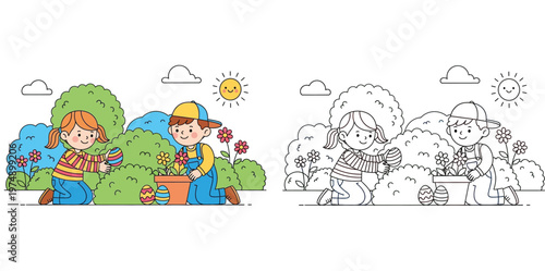 Easter egg hunt coloring book page with cute boy and girl playing in spring garden, color and black and white outline vector illustration