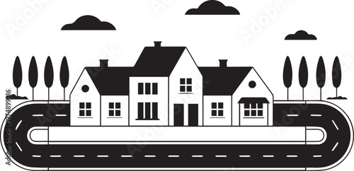 Road in front of houses in black and white style showing architecture and infrastructure in residential area with trees