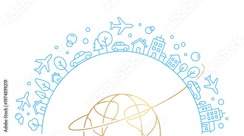 Global travel and aviation illustration featuring a circular globe surrounded by airplanes and city silhouettes, ideal for travel planning and tourism branding