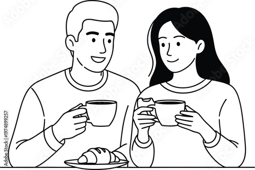 A charming black and white illustration depicts a couple enjoying a cozy breakfast together sharing a moment of connection and warmth