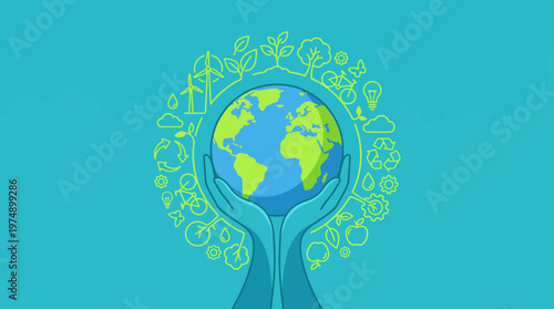 Illustration of the Earth perched in supportive hands with a circular leafy frame, symbolizing global environmental protection, sustainability, and nature conservation.