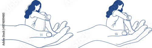 Two identical illustrations depict a person with long dark hair cradled within two large cupped hands symbolizing protection and care
