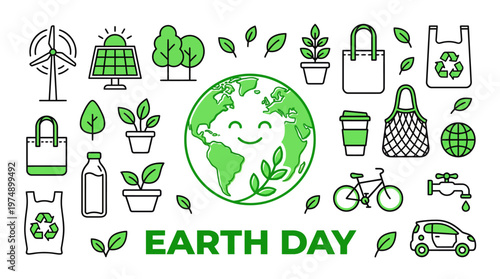 Earth Day eco icons: globe with green energy surrounded by trees, wind turbines, recycling, sustainable living and green lifestyle illustrations