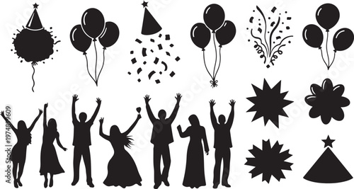 Celebration Silhouettes of People and Party Decorations Icons Set