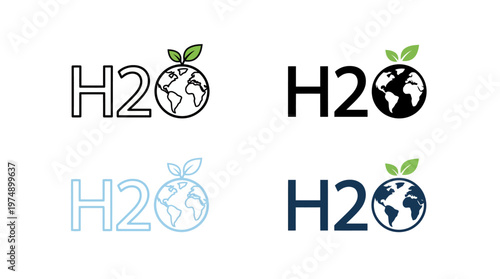 Eco-friendly H2O branding logo featuring a globe inside the O and a leaf, symbolizing water conservation, sustainability, and environmental awareness in multiple color variants.