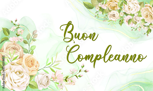 Tableau sur toile Un biglietto o uno striscione di auguri di buon compleanno in verde su sfondo bianco e verde, con fiori beige e rosa ai lati