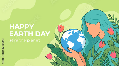 Happy Earth Day illustration of a woman embracing the planet with lush greenery and flowers to promote environmental protection.