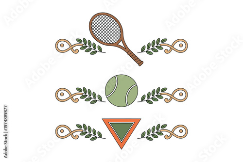 A decorative illustration features a tennis racket ball and laurel branches in a symmetrical design