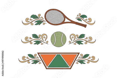 A vintage style illustration features a tennis racket ball and decorative floral elements high quality professional