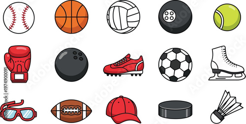 Colorful sports equipment icons a diverse collection featuring balls gear and accessories for various athletic activities