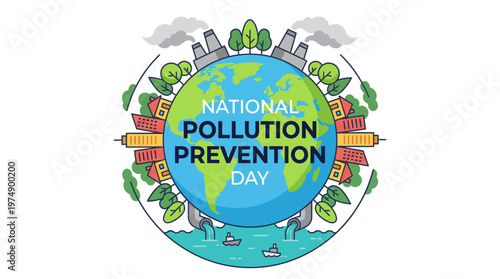 National Pollution Prevention Day emblem featuring Earth globe, trees, mountains, and water highlighting pollution prevention and sustainability.