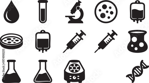 Vector icon set representing medical laboratory equipment, scientific testing procedures, and healthcare research concepts