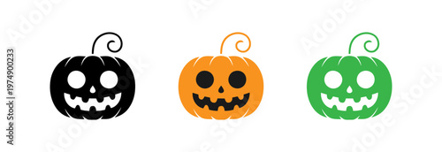 Set of three colorful halloween pumpkin faces with curly stems