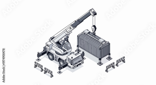 Isometric Mobile Crane Lifting a Cargo Shipping Container - Industrial Logistics and Construction Illustration