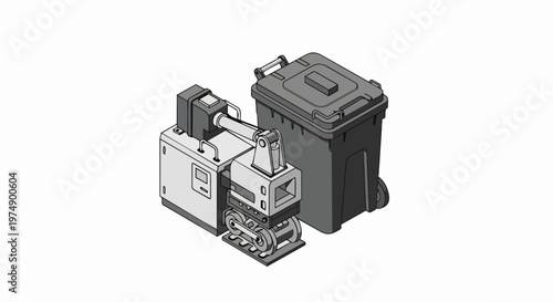 Isometric 3D Illustration of Automated Waste Management System with Robotic Compactor and Large Trash Bin on White Background