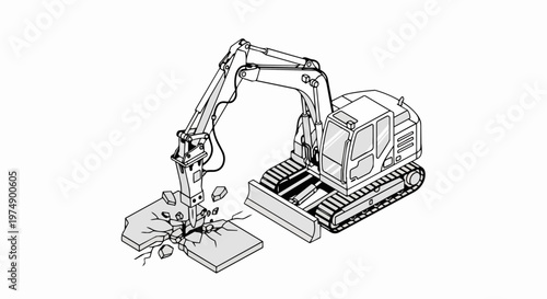 Isometric Excavator with Hydraulic Breaker Attachment Demolishing Concrete Line Art Illustration