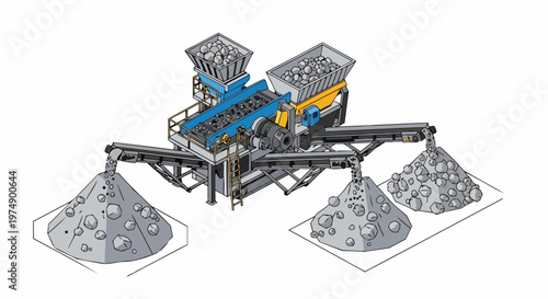 Industrial Stone Crushing and Sorting Machine with Conveyor Belts, Isometric Technical Illustration of Mining Equipment