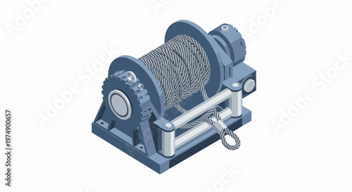Isometric Industrial Winch with Steel Cable Drum - Heavy Duty Mechanical Hoist Vector Illustration