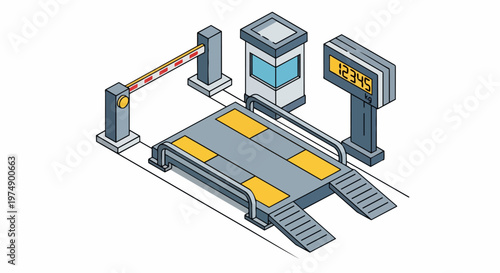 Isometric Vector Illustration of a Commercial Truck Weighbridge Station with Digital Weight Display and Barrier Gate for Logistics and Transport
