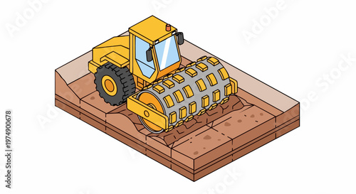 Isometric Illustration of a Yellow Padfoot Compactor Roller Compacting Soil for Infrastructure and Road Construction