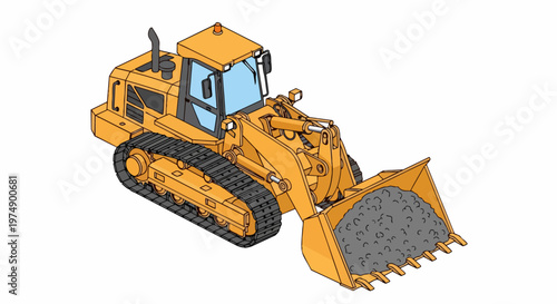 Isometric Illustration of a Yellow Heavy-Duty Track Loader Carrying Gravel, Industrial Crawler Loader for Construction and Earthmoving Projects