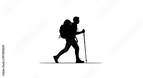Silhouette of a hiker with backpack and trekking poles, walking on a thin line