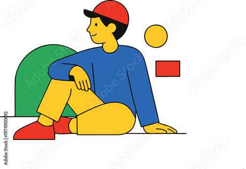 Young person sitting relaxed in casual pose minimal flat vector illustration.