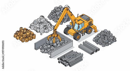 Isometric Industrial Grabber Excavator Sorting Scrap Metal and Waste for Recycling
