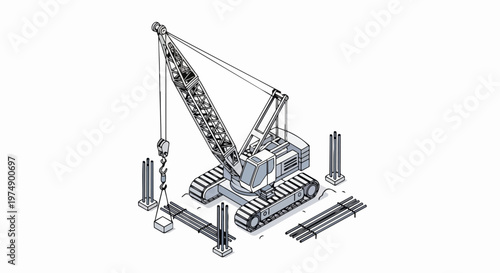 Isometric Crawler Crane Line Art Illustration on Construction Site