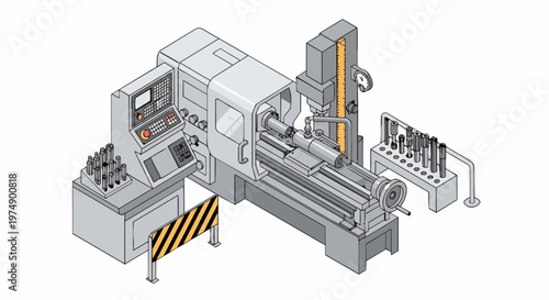 Isometric CNC Lathe Machine Illustration for Industrial Metalworking and Precision Manufacturing