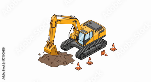 Yellow Hydraulic Excavator Digging Dirt Pile with Traffic Cones Isometric Illustration Isolated on White