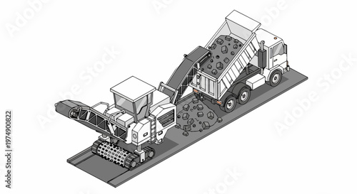 Isometric Asphalt Milling Machine Loading Road Waste into Dump Truck