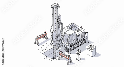 Isometric Drilling Rig Machine Illustration, Hydraulic Auger Piling Crane for Foundation Construction, Industrial Equipment Technical Drawing