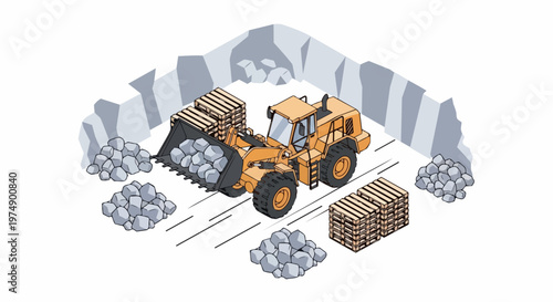 Industrial Wheel Loader Excavator Moving Rocks in a Quarry, Isometric Vector Illustration with Stone Piles and Pallets
