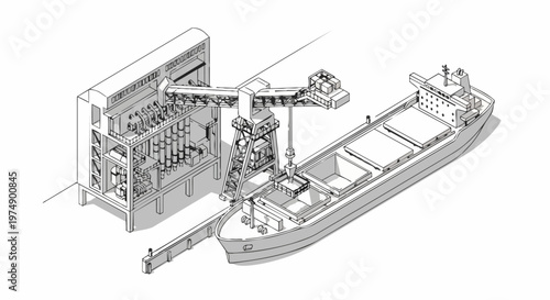 Isometric Line Art Illustration of a Bulk Carrier Ship Being Loaded at a Port Terminal with a Crane and Conveyor System for Industrial Logistics and Global Trade
