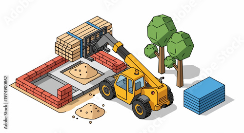 Isometric Illustration of Yellow Telehandler Lifting Timber Planks at Building Construction Site