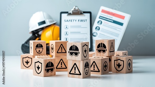 Work safety concept. Wooden cube blocks with icon of safety at workplace. Safety first, protections, health, regulations and compliance. Working standard process. Zero accidents. 