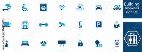 A collection of blue flat design icons depicting various building amenities including recreation services and accessibility options high quality professional detailed modern elegant