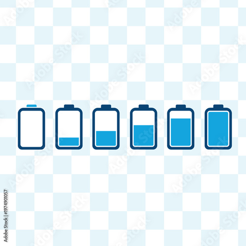 A series of six battery icons are displayed progressively showing increasing levels of charge from empty to full high quality professional detailed modern