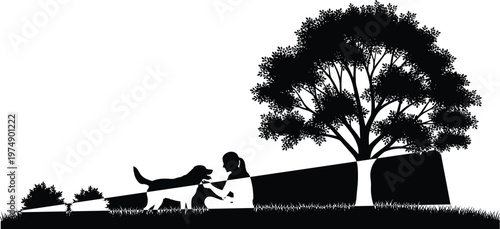 Peaceful black and white silhouette of person sitting on grass with dog under tree, outdoor nature scene symbolizing friendship, companionship, bonding, and harmony in lifestyle photography