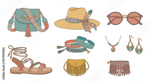 Bohemian Festival Fashion and Accessories Icon Set