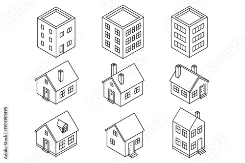 Isometric illustration displaying various building types including houses and taller structures in black lines high quality