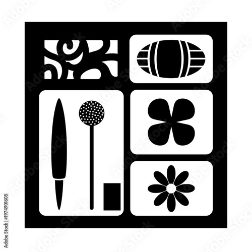 High contrast black and white graphic icons for baby development and sensory stimulation featuring abstract shapes