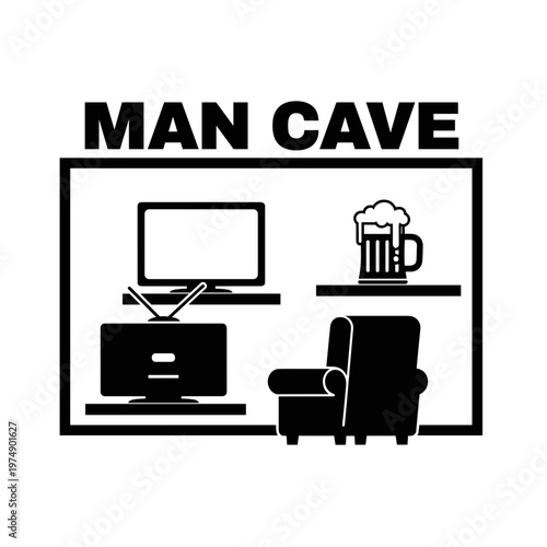 Man cave icons with television armchair and beer mug representing a personal relaxation space for men simple vector