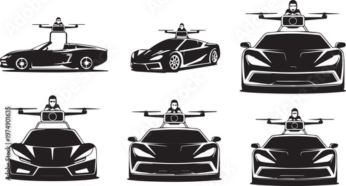 Futuristic cars equipped with aerial drone capabilities for enhanced transportation.
