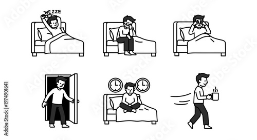Man's daily routine waking up feeling tired getting out of bed drinking coffee and sitting on bed with clocks