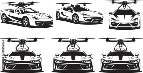 Futuristic hybrid vehicles combining cars with drone capabilities for aerial transport