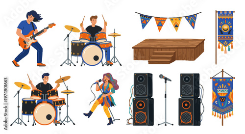 Music festival characters and equipment set including singer, drummer, and speakers