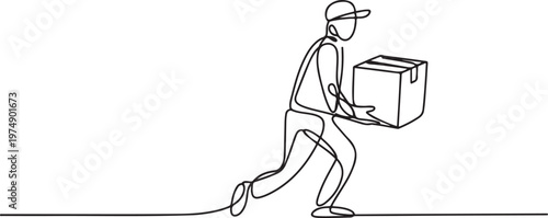 continuous single line drawing of delivery person holding parcel. One line draw graphic design vector